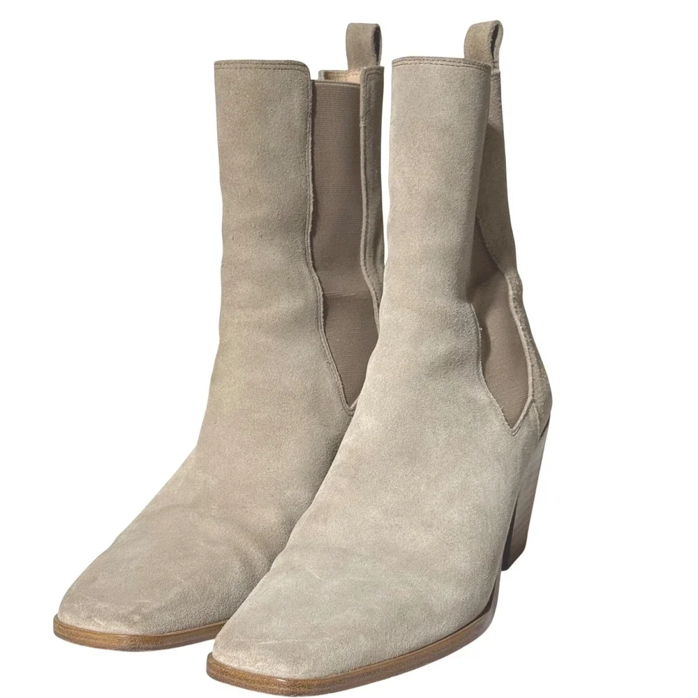 Thursday Boot Soho Taupe Suede Square Toe Chelsea Boots Sand 8 Stacked Heel